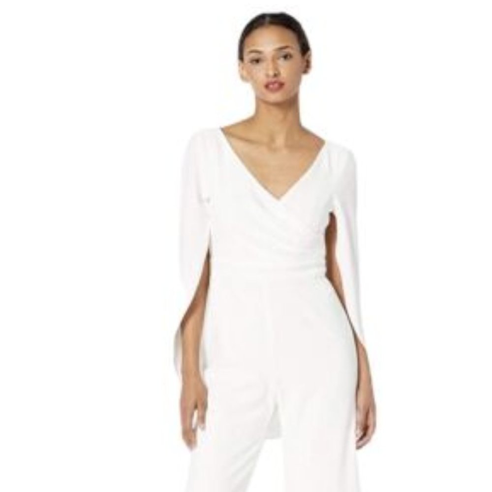 RARE EUC Adrianna Papell Ivory V-Neck Draped Wide Leg Jumpsuit